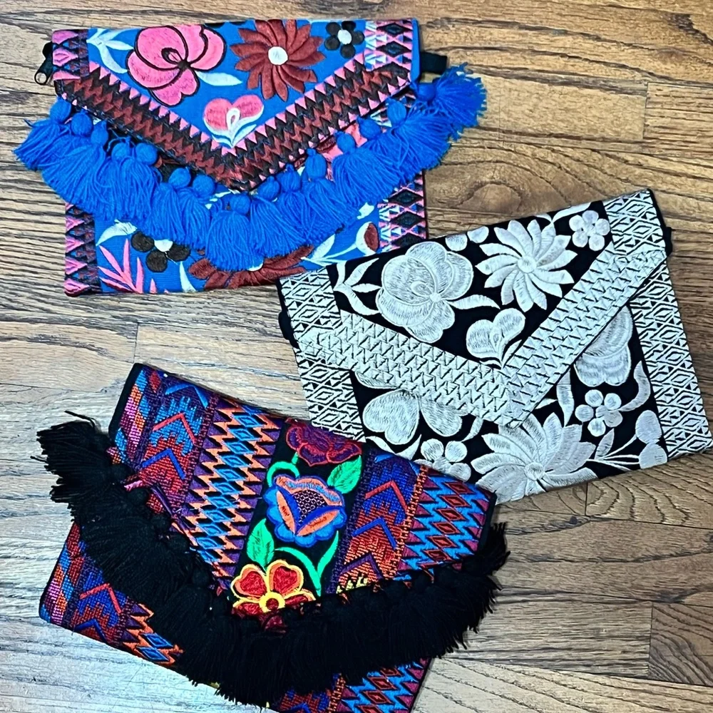 Colorful Embroidered Clutch/Crossbody Bag (Black Tassel)